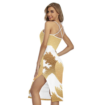 Golden Kanagawa Wave Print Cross Back Cami Dress