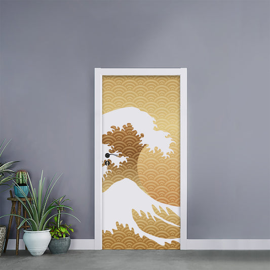 Golden Kanagawa Wave Print Door Sticker