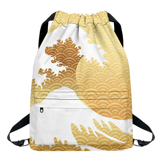Golden Kanagawa Wave Print Drawstring Backpack