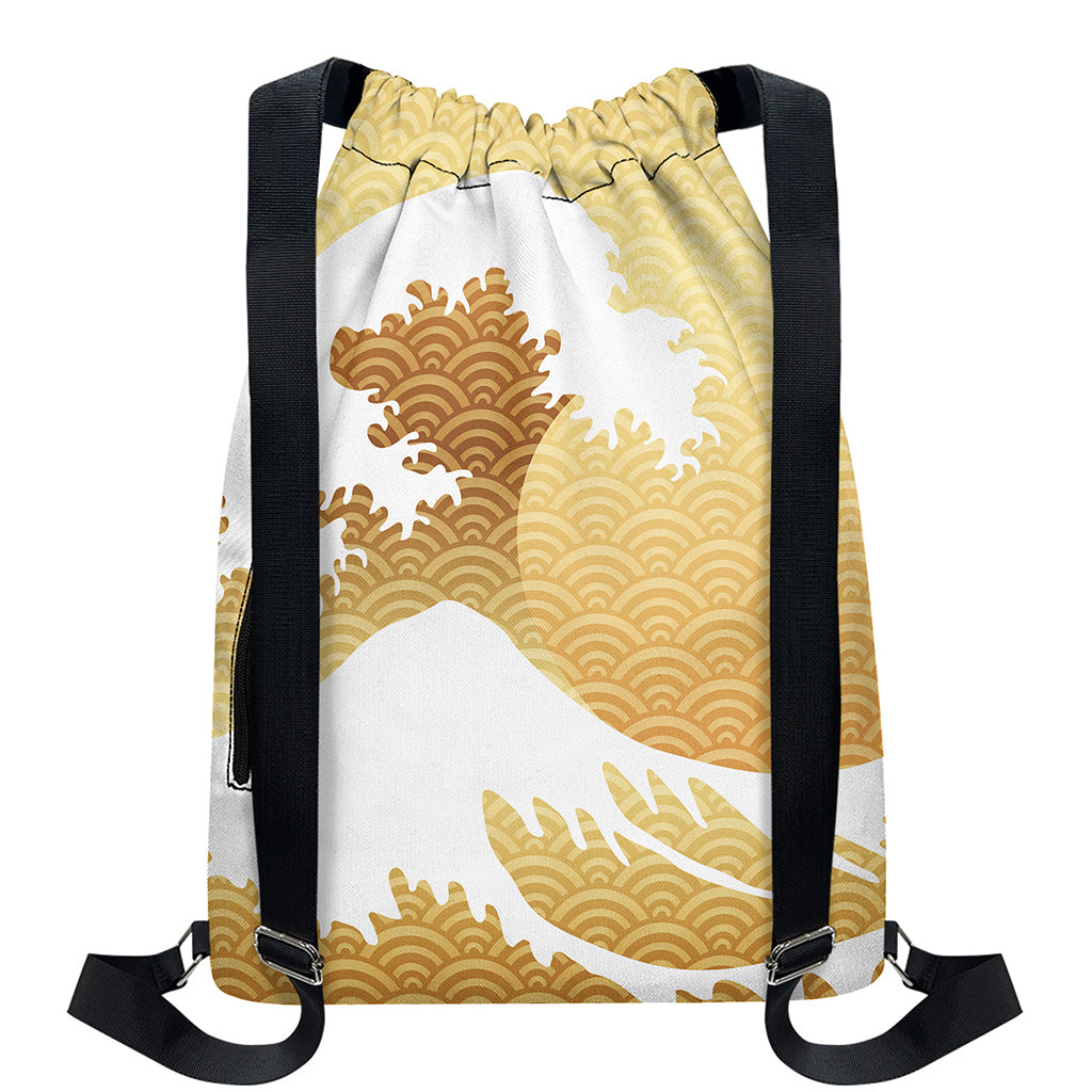 Golden Kanagawa Wave Print Drawstring Backpack
