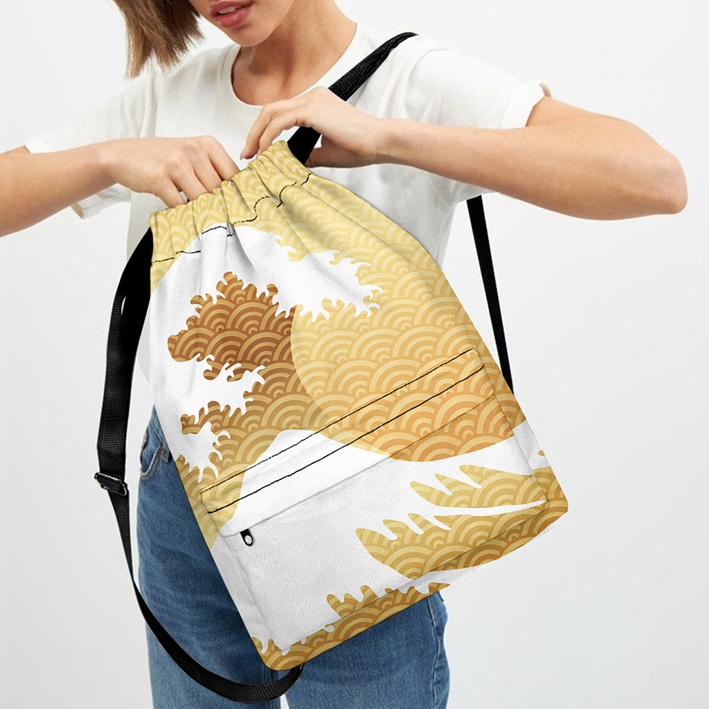 Golden Kanagawa Wave Print Drawstring Backpack