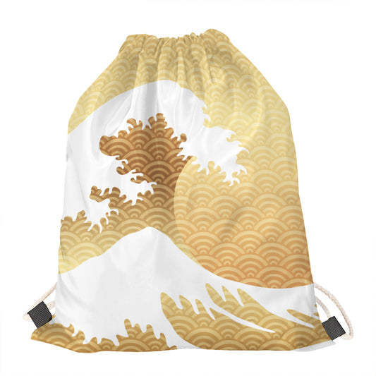 Golden Kanagawa Wave Print Drawstring Bag
