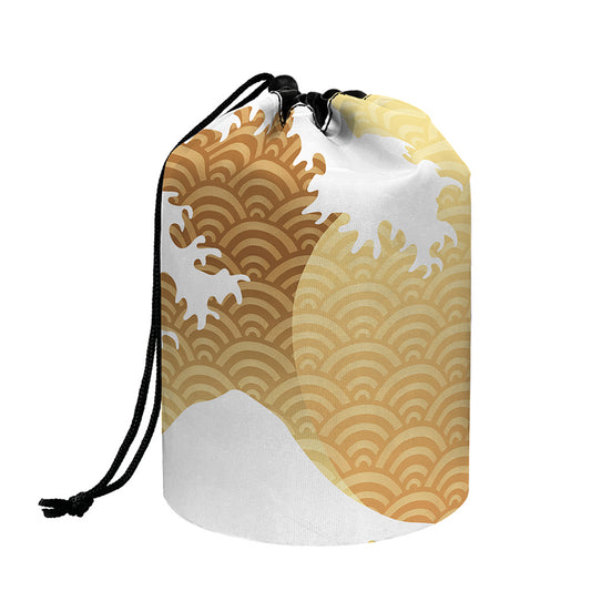 Golden Kanagawa Wave Print Drawstring Makeup Bag
