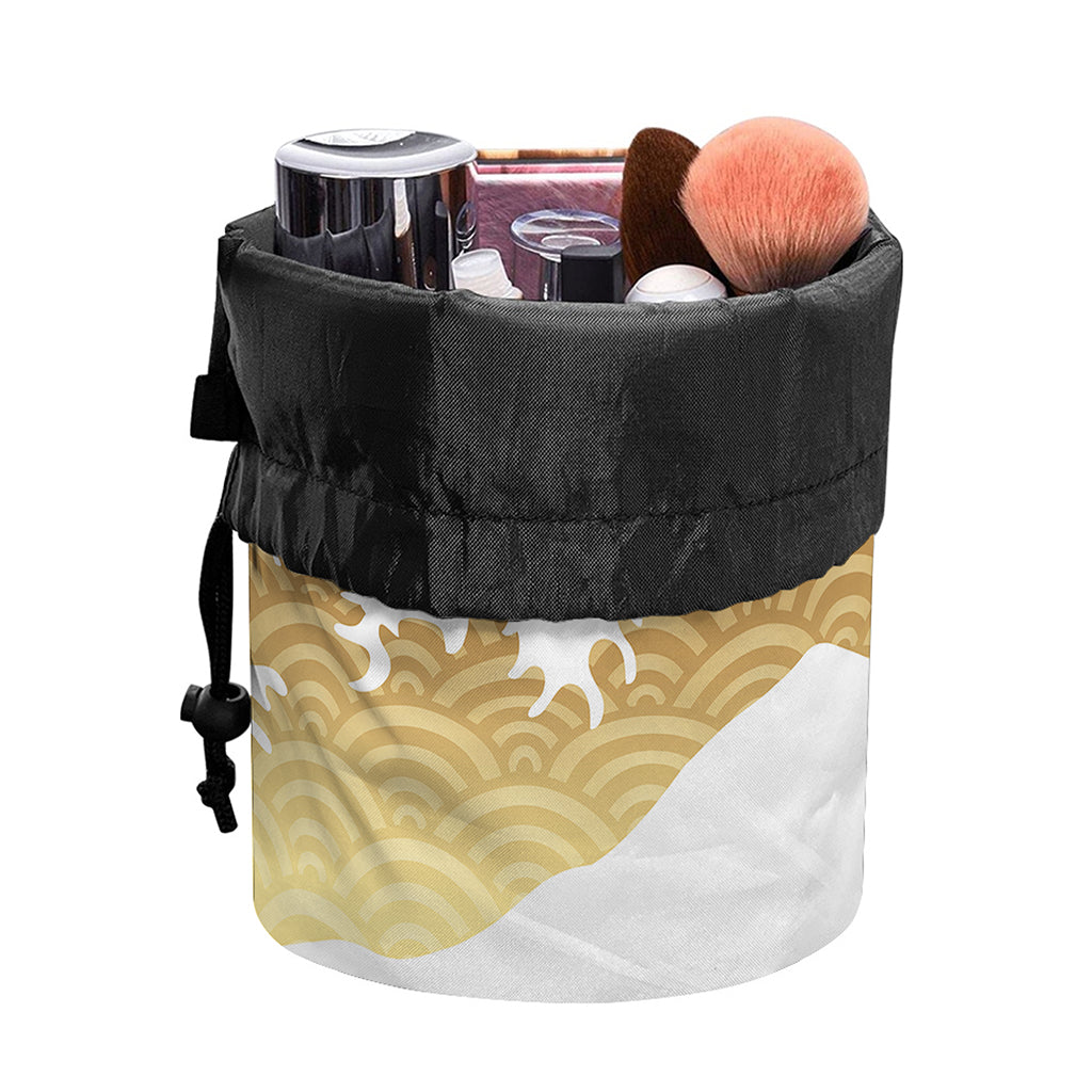 Golden Kanagawa Wave Print Drawstring Makeup Bag