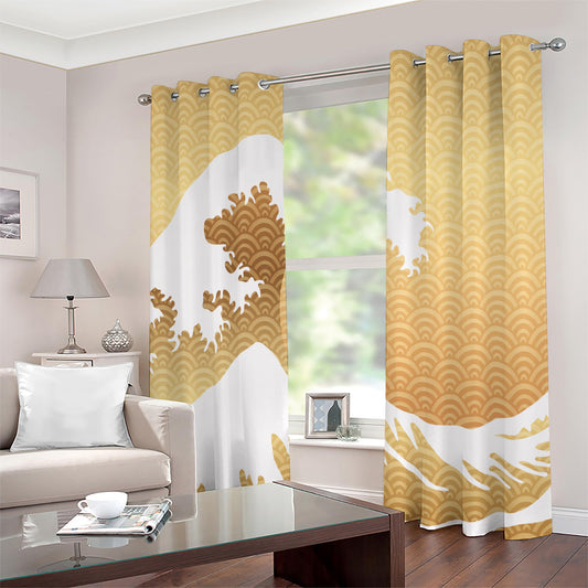 Golden Kanagawa Wave Print Extra Wide Grommet Curtains