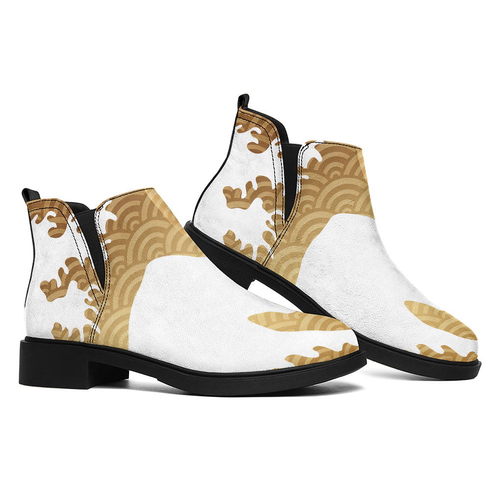 Golden Kanagawa Wave Print Flat Ankle Boots