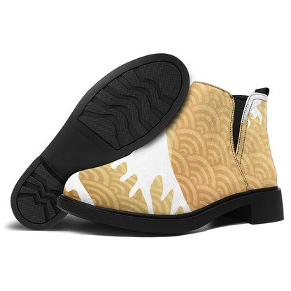 Golden Kanagawa Wave Print Flat Ankle Boots