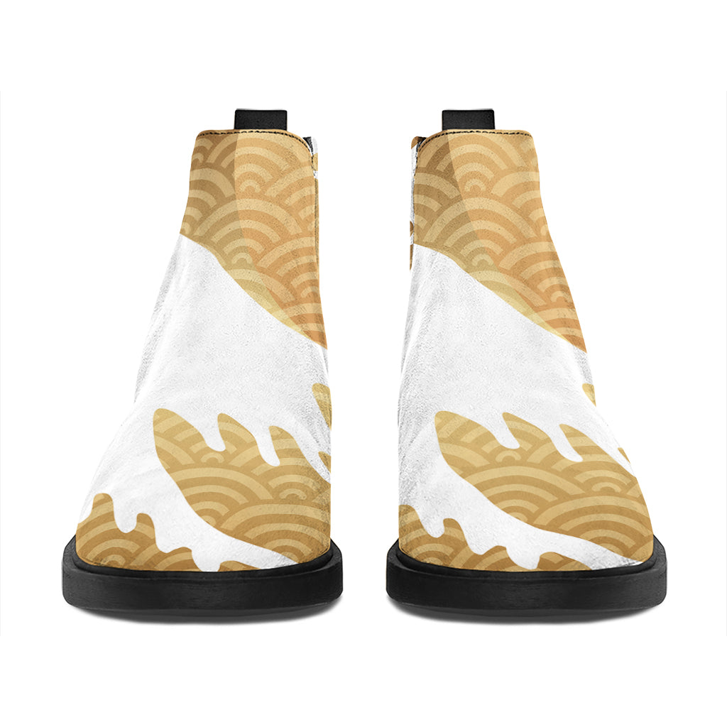Golden Kanagawa Wave Print Flat Ankle Boots