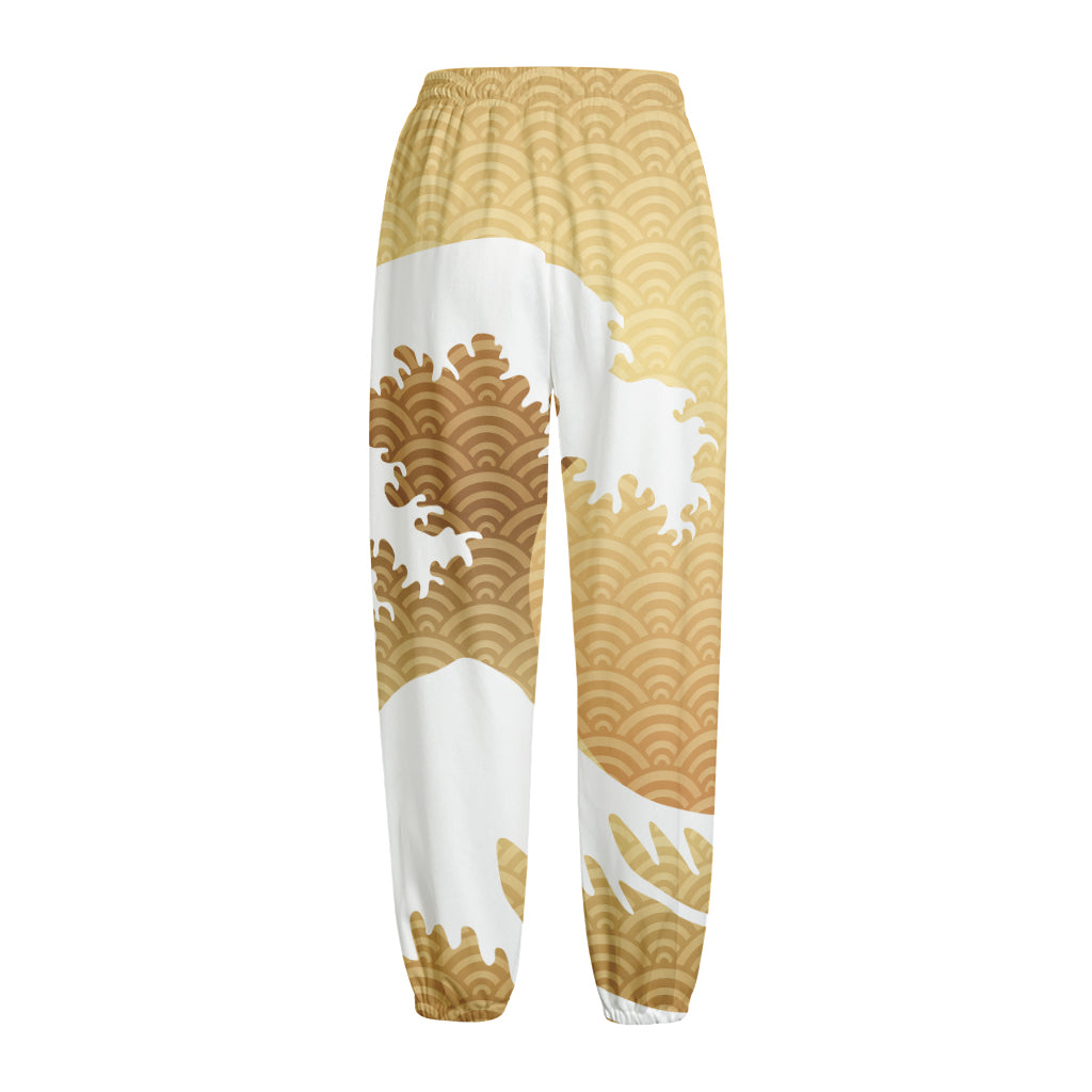 Golden Kanagawa Wave Print Fleece Lined Knit Pants