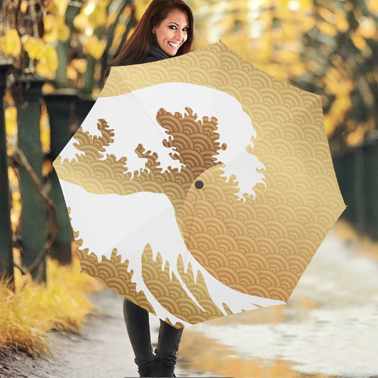 Golden Kanagawa Wave Print Foldable Umbrella
