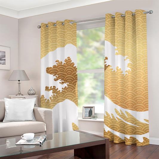 Golden Kanagawa Wave Print Grommet Curtains
