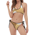 Golden Kanagawa Wave Print Halter Scoop Tie Side Bikini