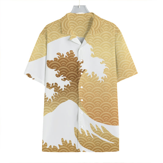 Golden Kanagawa Wave Print Hawaiian Shirt