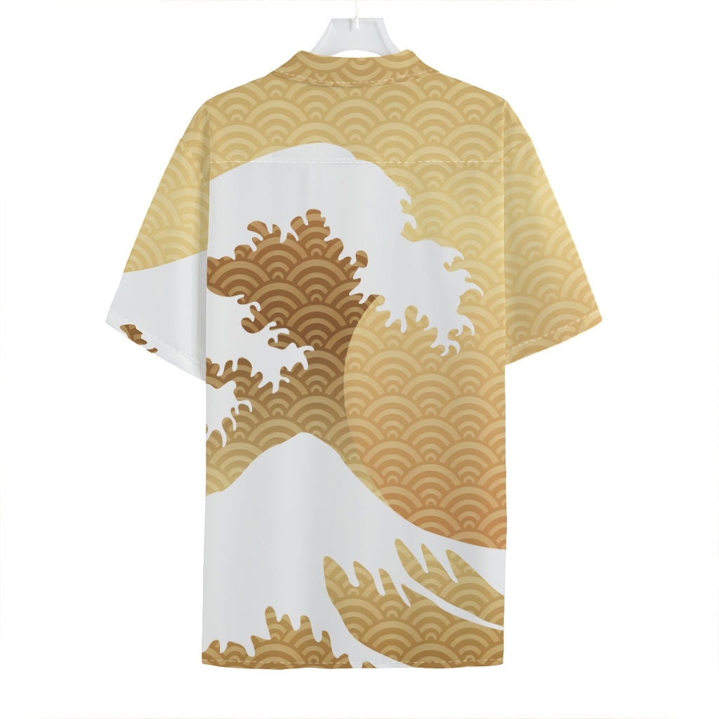 Golden Kanagawa Wave Print Hawaiian Shirt
