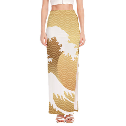 Golden Kanagawa Wave Print High Slit Maxi Skirt
