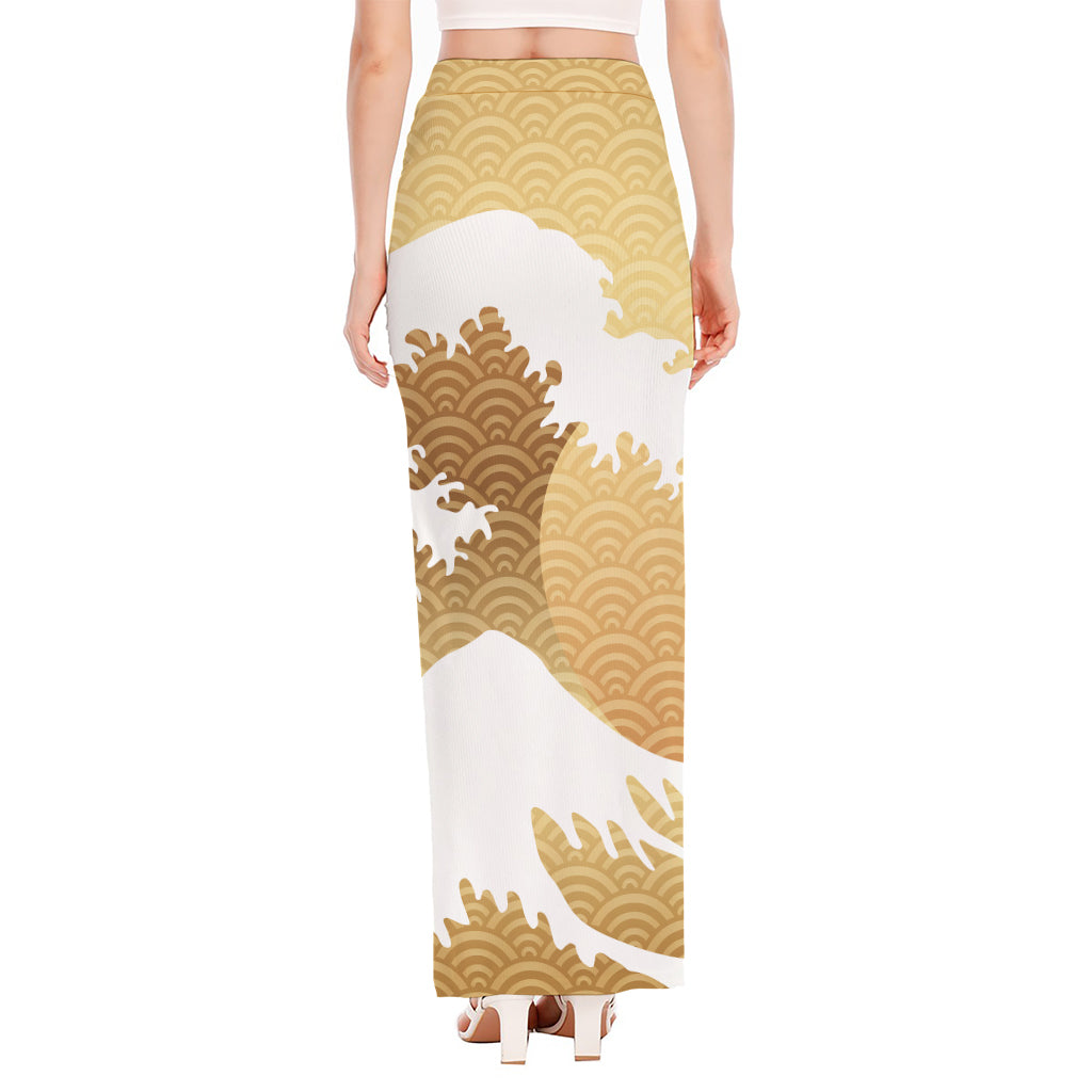 Golden Kanagawa Wave Print High Slit Maxi Skirt