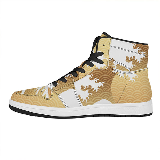 Golden Kanagawa Wave Print High Top Leather Sneakers
