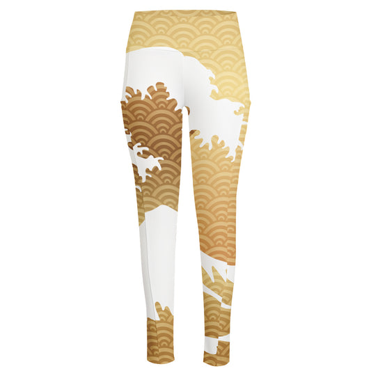 Golden Kanagawa Wave Print High-Waisted Pocket Leggings