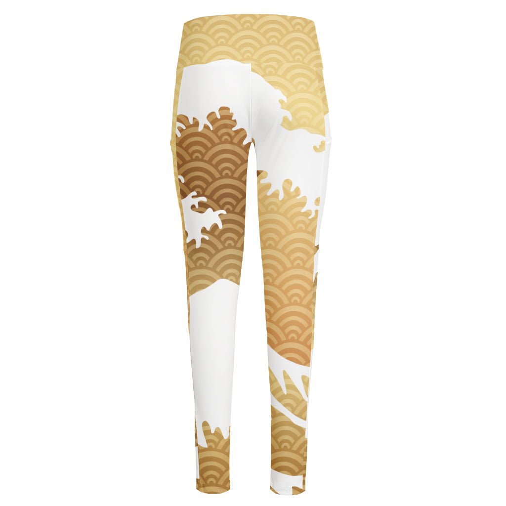 Golden Kanagawa Wave Print High-Waisted Pocket Leggings