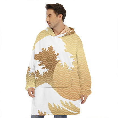Golden Kanagawa Wave Print Hoodie Blanket