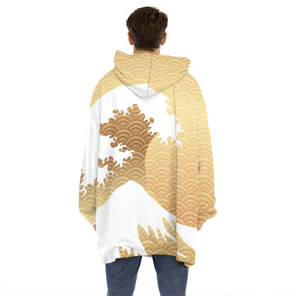 Golden Kanagawa Wave Print Hoodie Blanket