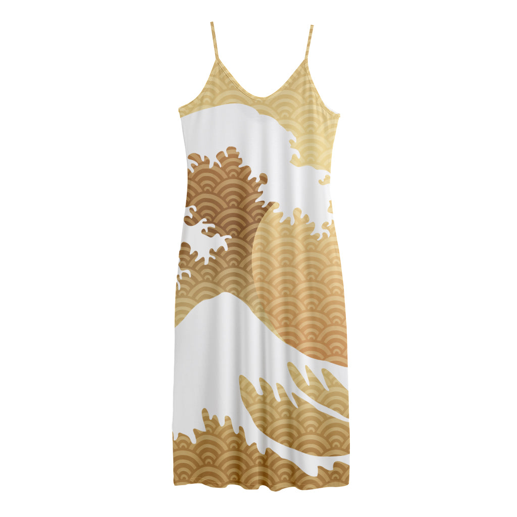 Golden Kanagawa Wave Print Jersey Midi Cami Dress