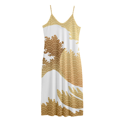 Golden Kanagawa Wave Print Jersey Midi Cami Dress