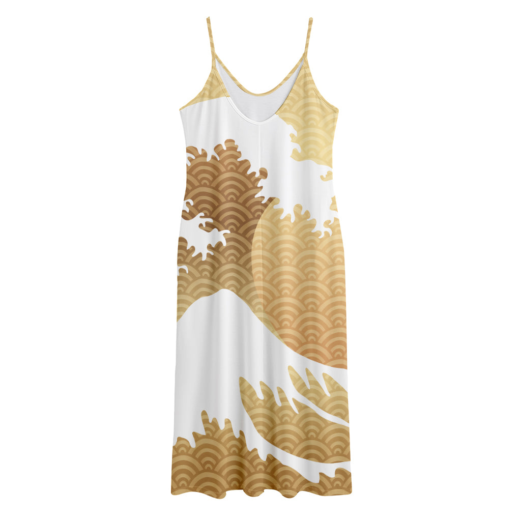 Golden Kanagawa Wave Print Jersey Midi Cami Dress