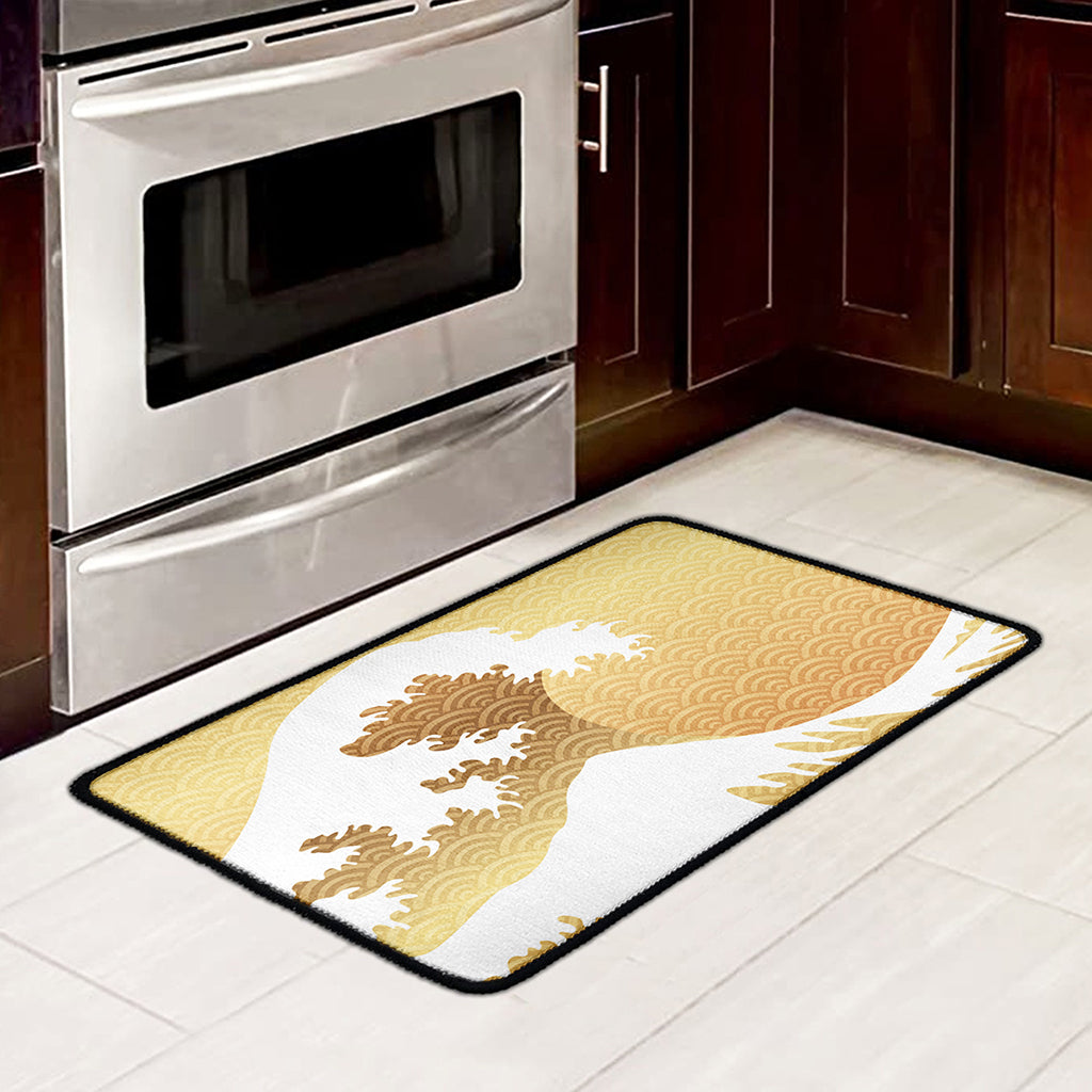 Golden Kanagawa Wave Print Kitchen Mat