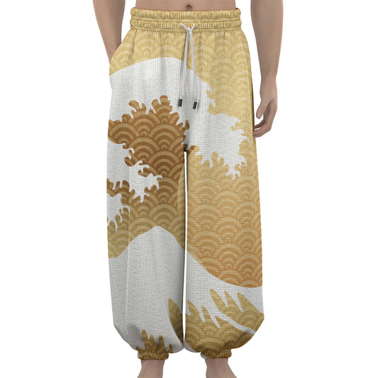 Golden Kanagawa Wave Print Lantern Pants