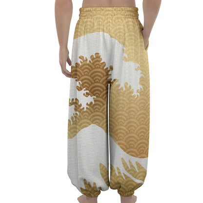 Golden Kanagawa Wave Print Lantern Pants