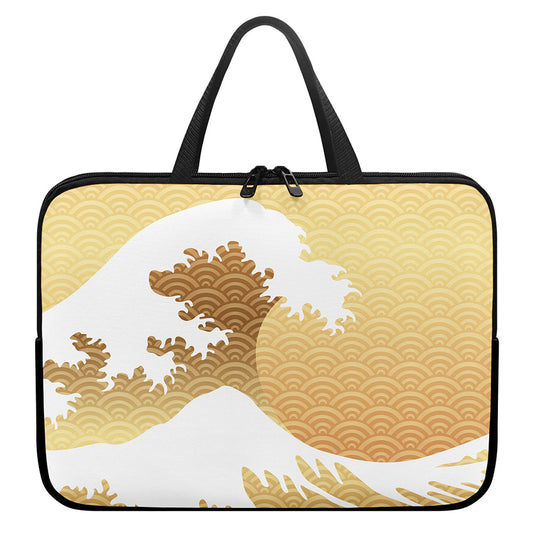 Golden Kanagawa Wave Print Laptop Sleeve With Handle
