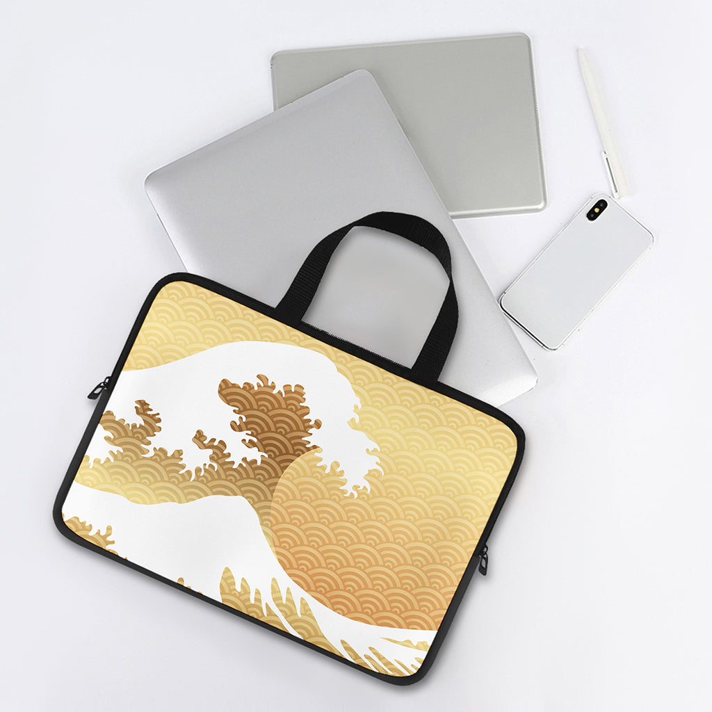 Golden Kanagawa Wave Print Laptop Sleeve With Handle