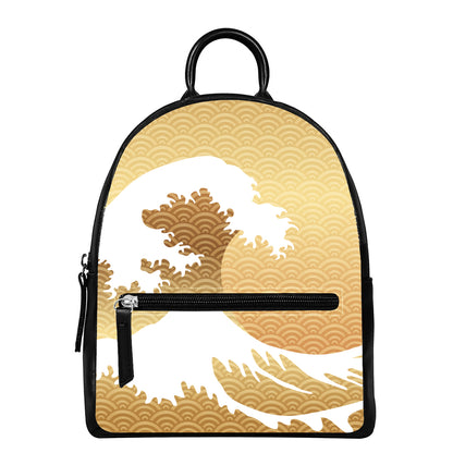 Golden Kanagawa Wave Print Leather Backpack