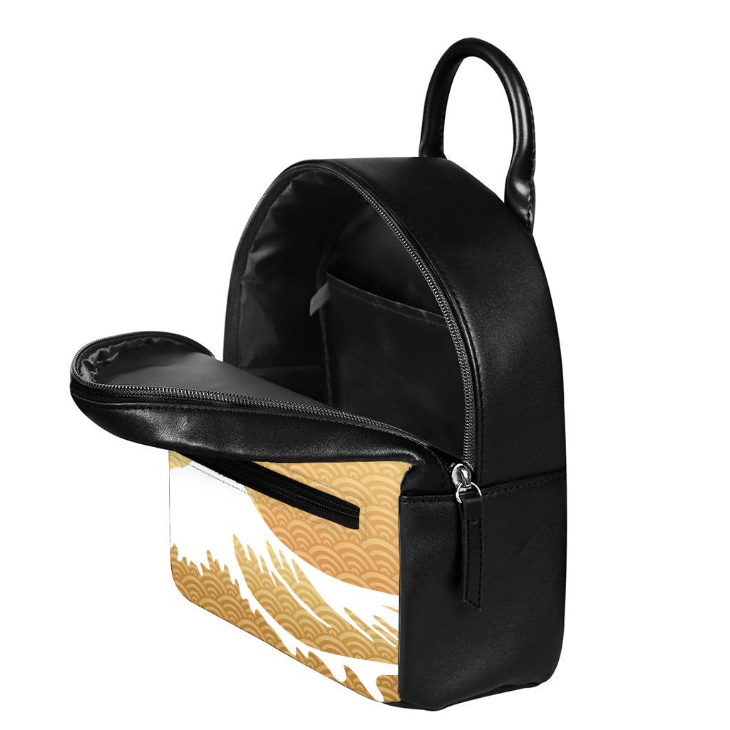Golden Kanagawa Wave Print Leather Backpack