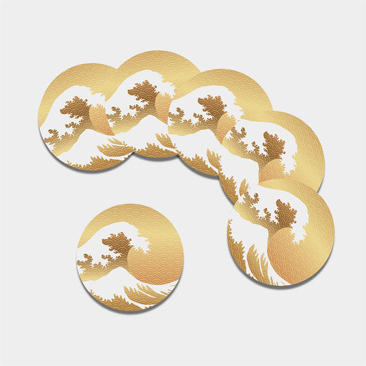 Golden Kanagawa Wave Print Leather Coaster Set