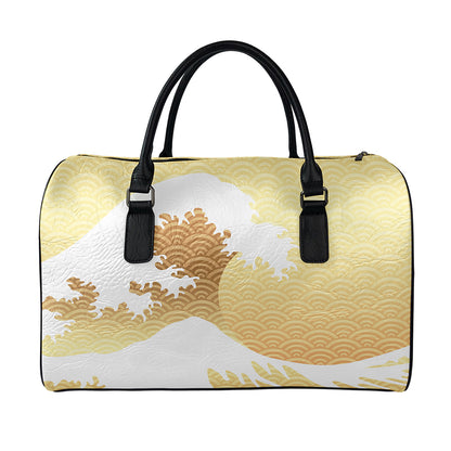 Golden Kanagawa Wave Print Leather Duffle Bag