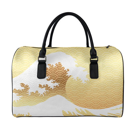 Golden Kanagawa Wave Print Leather Duffle Bag