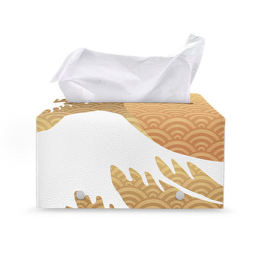 Golden Kanagawa Wave Print Leather Tissue Box Cover