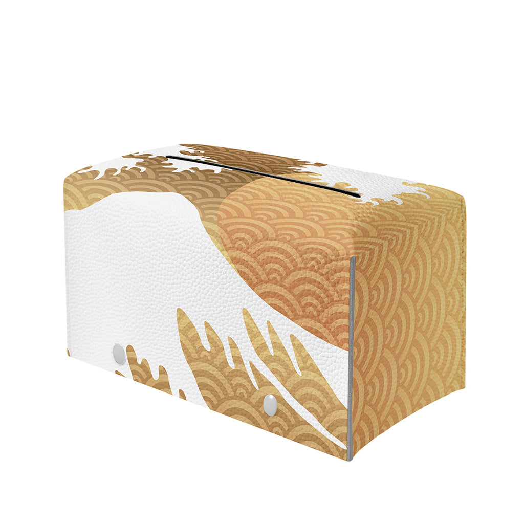 Golden Kanagawa Wave Print Leather Tissue Box Cover