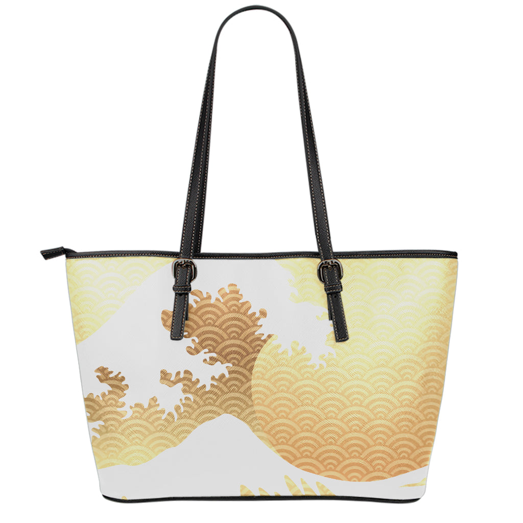 Golden Kanagawa Wave Print Leather Tote Bag