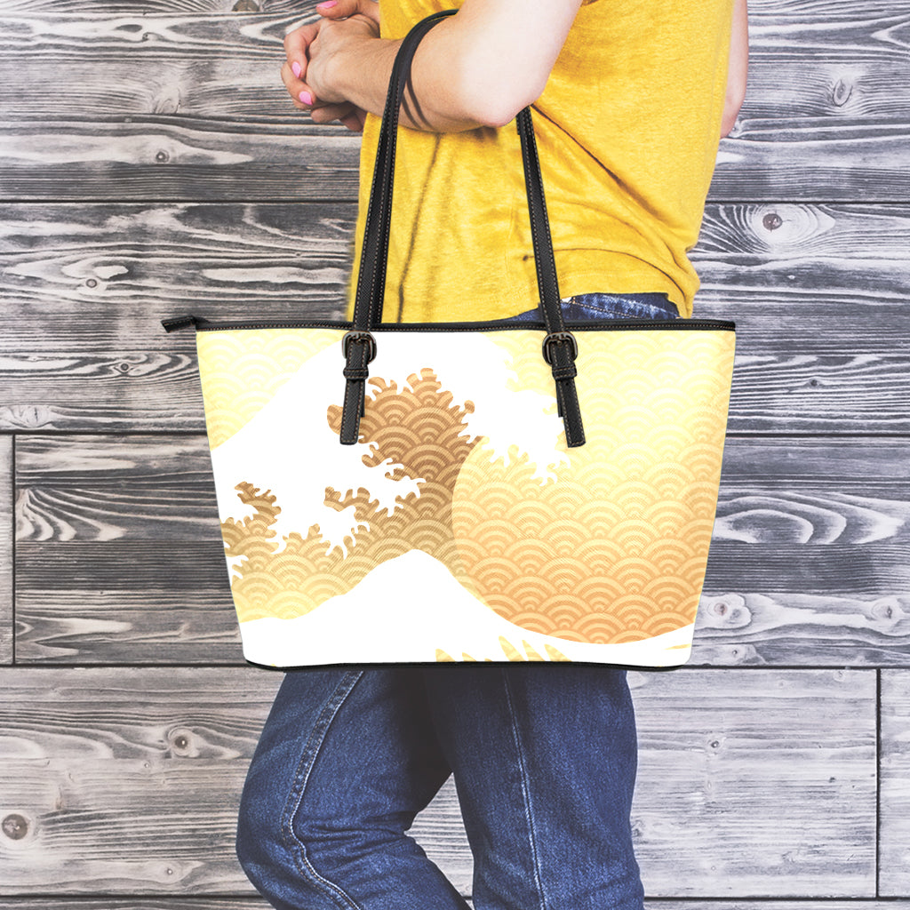 Golden Kanagawa Wave Print Leather Tote Bag