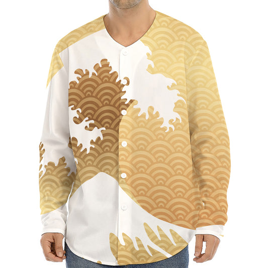 Golden Kanagawa Wave Print Long Sleeve Baseball Jersey