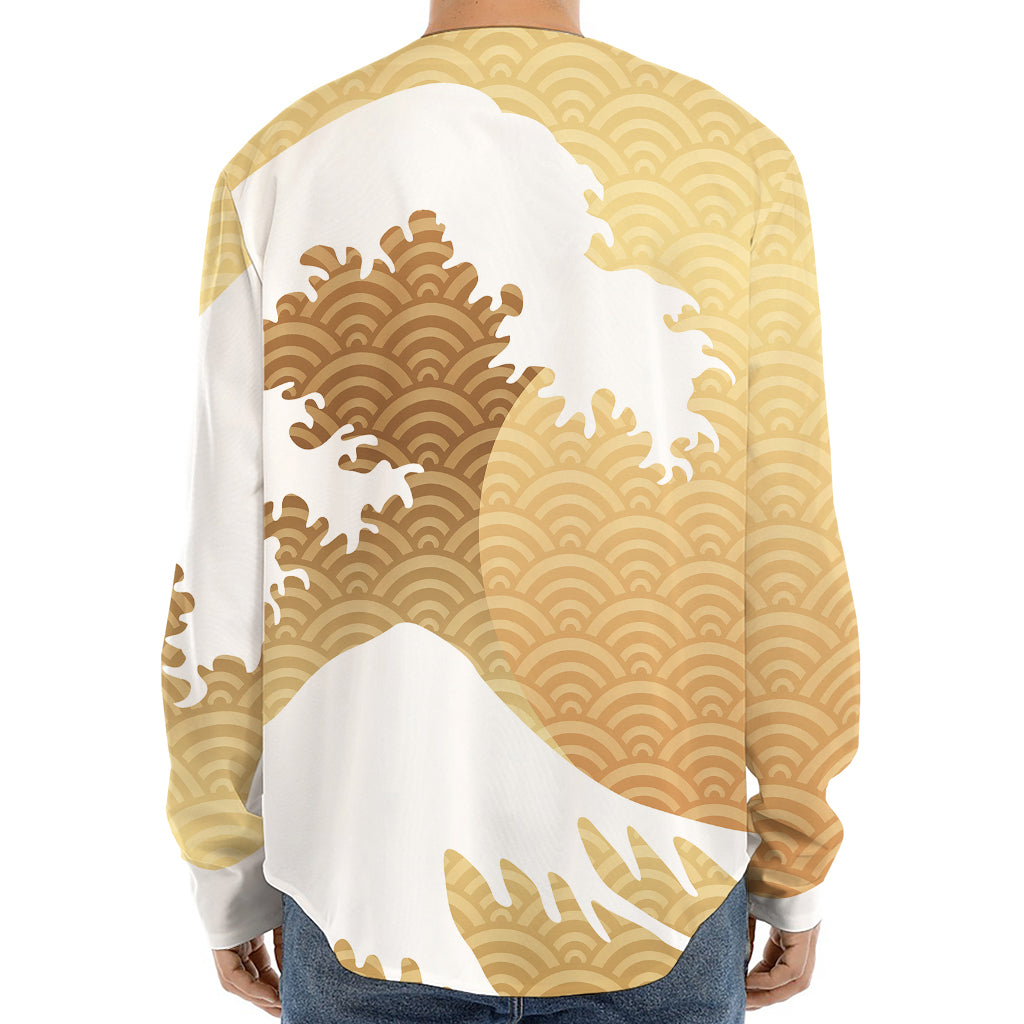 Golden Kanagawa Wave Print Long Sleeve Baseball Jersey