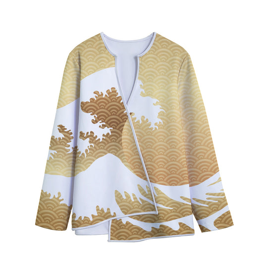 Golden Kanagawa Wave Print Long Sleeve Short Coat