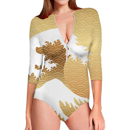Golden Kanagawa Wave Print Long Sleeve Swimsuit