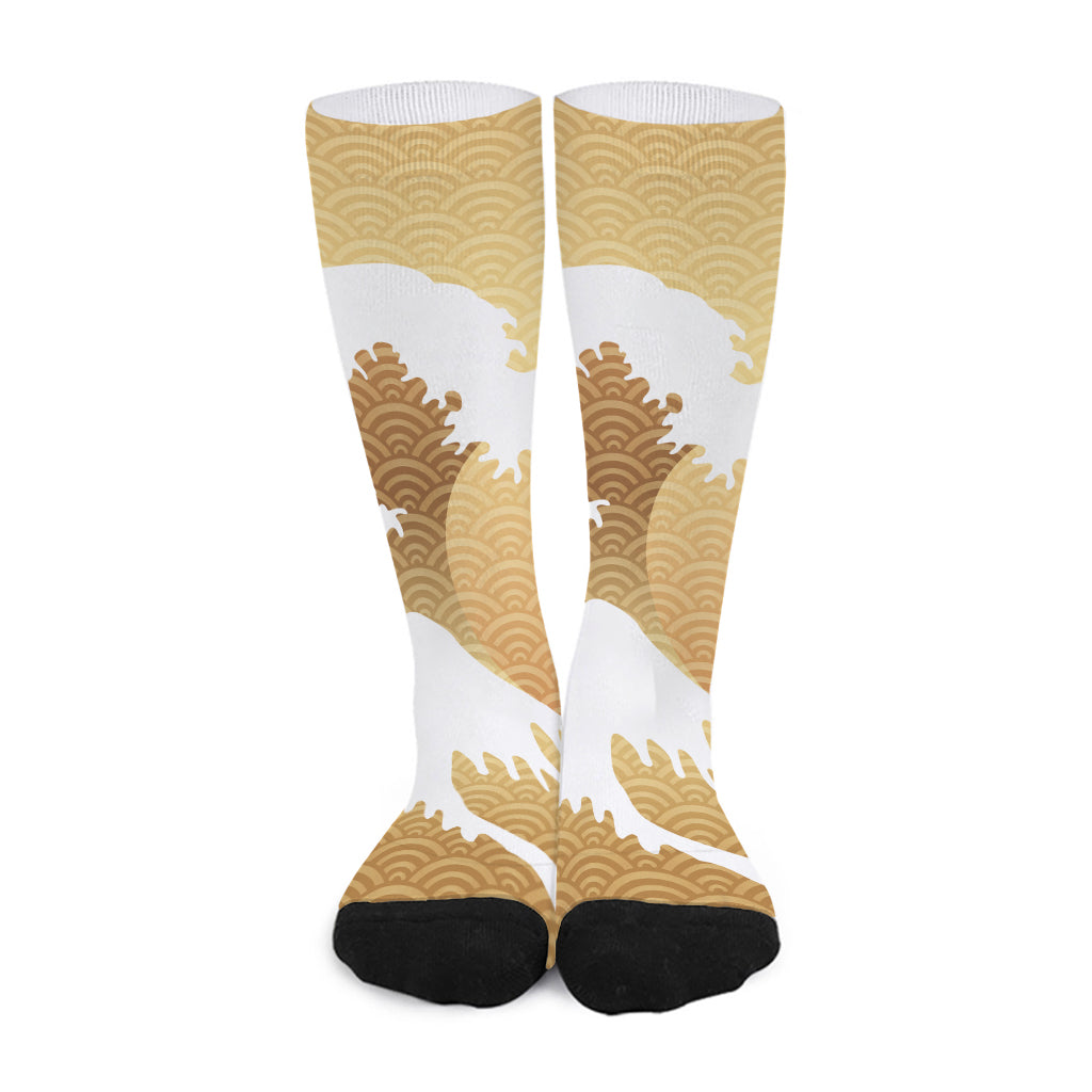 Golden Kanagawa Wave Print Long Socks