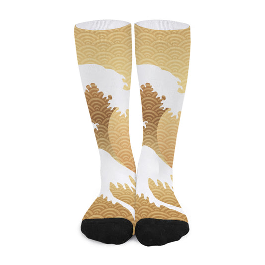 Golden Kanagawa Wave Print Long Socks