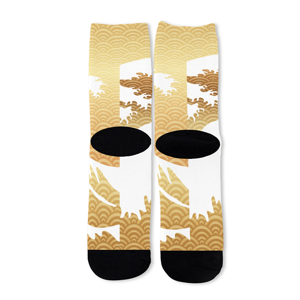 Golden Kanagawa Wave Print Long Socks
