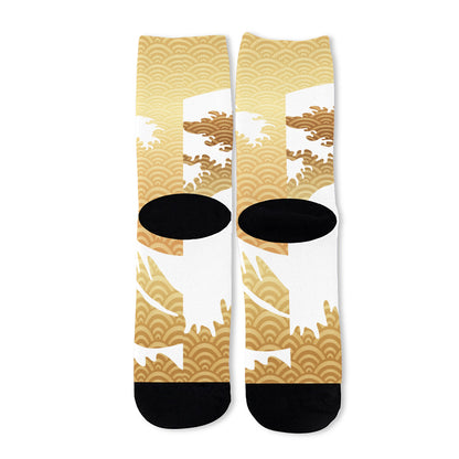 Golden Kanagawa Wave Print Long Socks